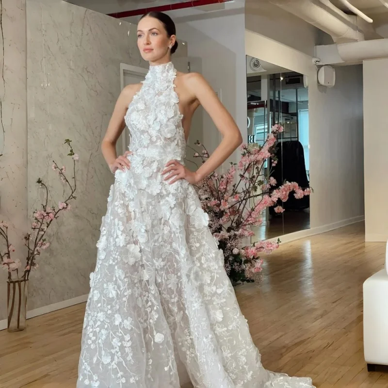 Full Open Back Allover 3D Floral Lace Flow A-Line Skirt Sweep Train Halter High Neck Wedding Dress Customizable 2026