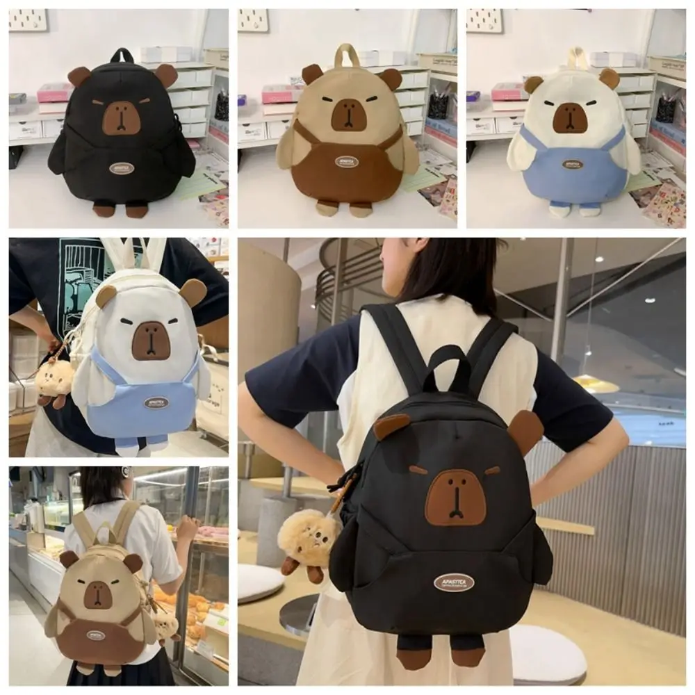 Cartoon Capybara Backpack Nylon Storage Bag Children's School Bag Travel Bag Large Capacity Cartoon Capybara Backpack Students