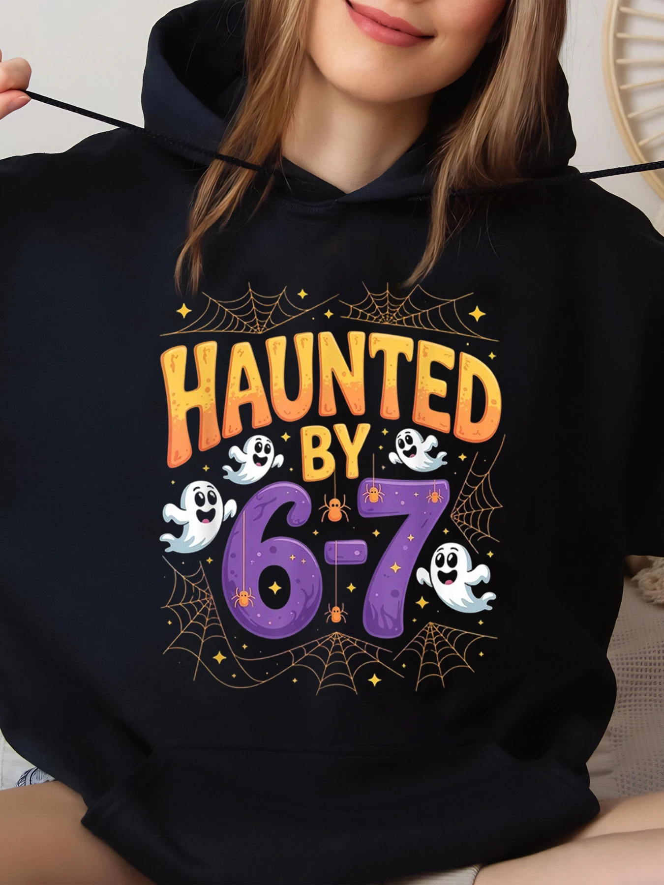 

Haunted by 6-7 Ghosts Spiderweb Halloween Hoodie for Kids and Adults Party Wear Black Big Size