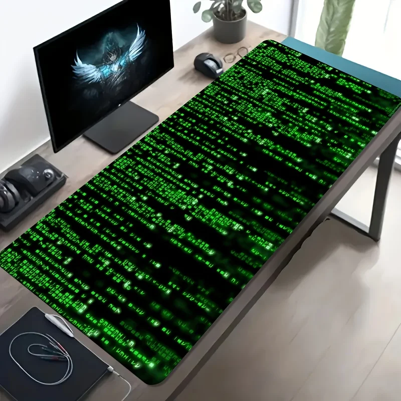 

Большой игровой коврик для мыши (1 шт.) с зеленым цифровым матричным узором на черном фоне, с противоскользящим покрытием.