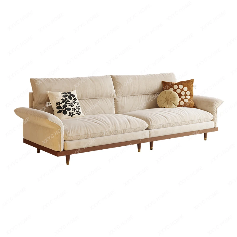 Fabric Sofa Living Room Small Apartment Straight Row Log Cream Style Sofa All Solid Wood Middle Ancient