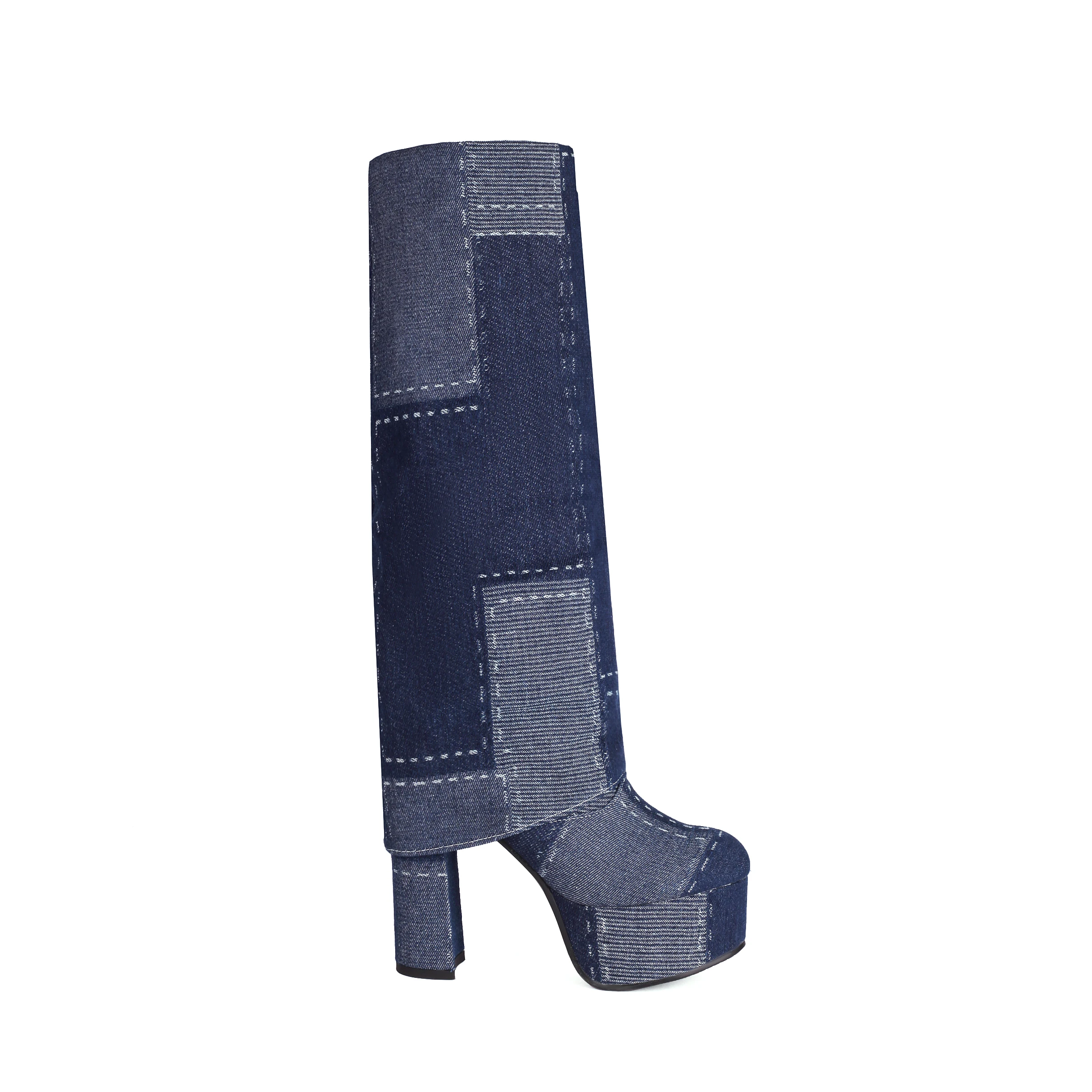 

Women's Livvy Boot Denim Layered Design Tall Booties Knee High Platform Block Heel Floded Shoes