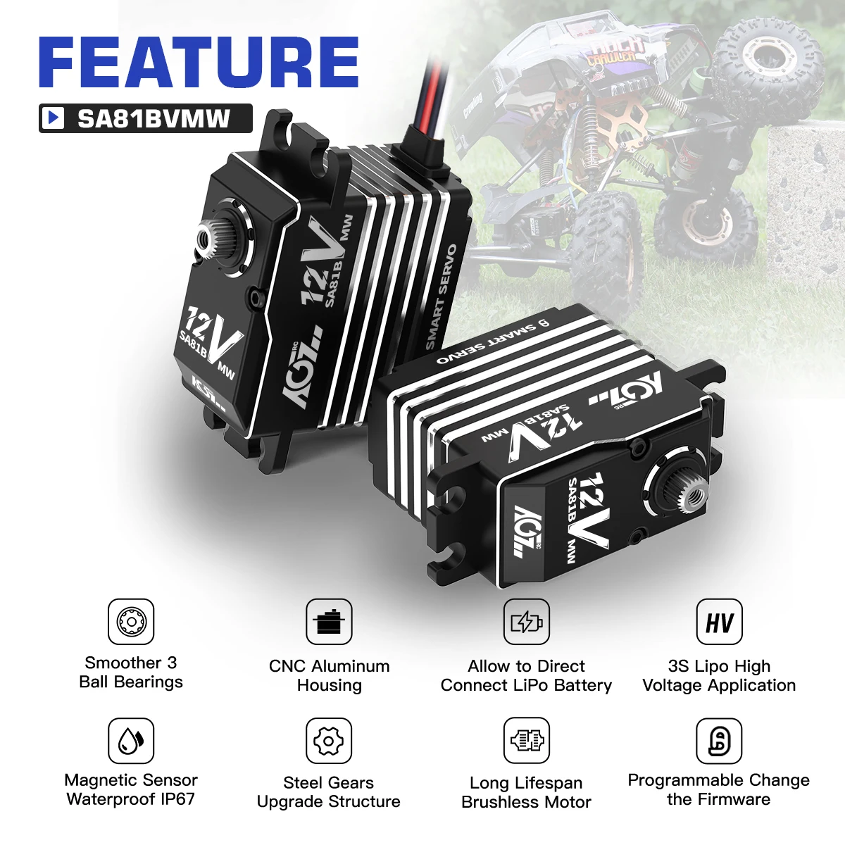 AGFRC Smart Servo SA81BVMW 48KG Steel Gears Waterproof Programmable 360 Degree Brushless Servo For 1/8 1/10 RC Cars Crawler Boat