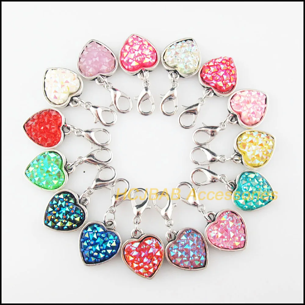15 sztuk tybetański posrebrzane serce rama mix z żywicy Charms zawieszki z Lobster Claw klamrami 13.5x17mm