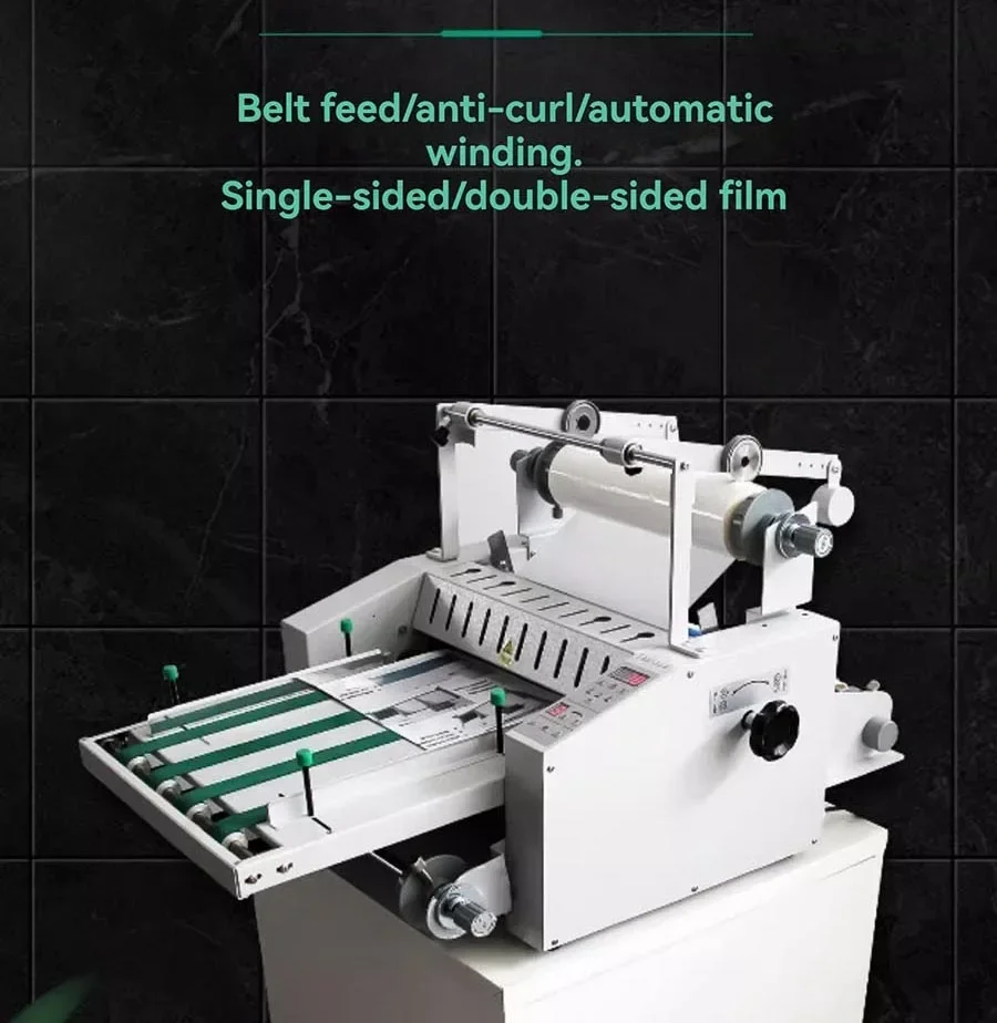 Belt-type laminator with anti-curl and automatic sheet collection; high-speed steel-roller laminator for hot and cold lamination