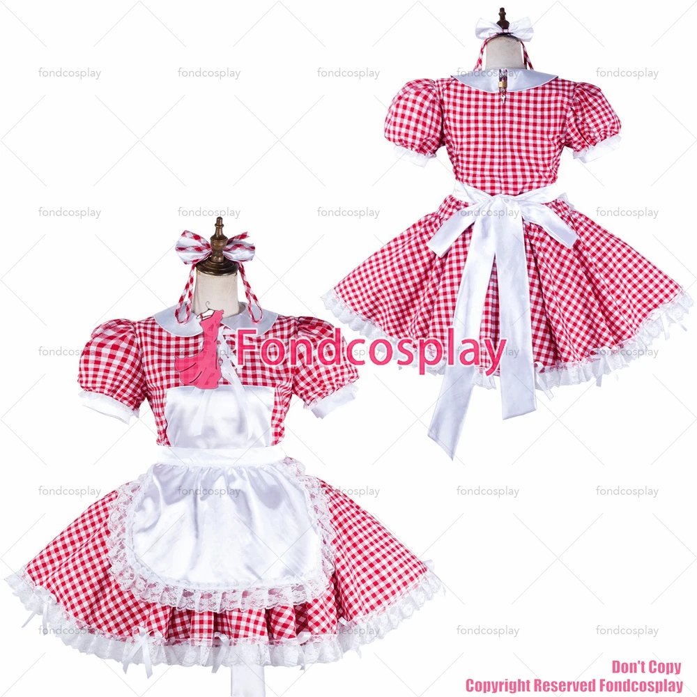 

fondcosplay adult sexy cross dressing sissy maid short red cotton dress lockable Uniform white apron costume CD/TV[G2128]