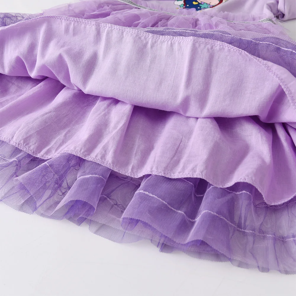 VIKITA Girl Flare Sleeve Dresses Kids Unicorn Princess Dress Girls Purple Mesh Tulle Birthday Party Performance Layered Dress