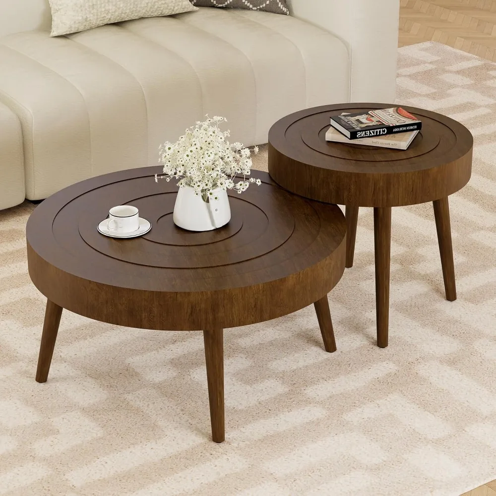 

Nesting Coffee Tables w Wood Grain Finish, 2 Pieces Living Room Tea Table Sets w Wood Legs, Round Coffee Table Sets w wit