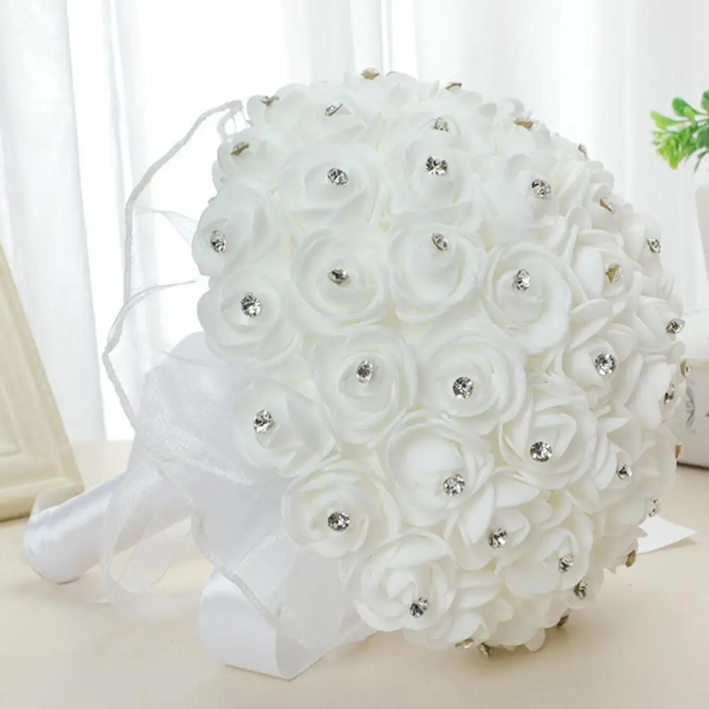 Ramo de cinta de flores de diamante de seda sintética blanca, ramo de rosas para novia, flor falsa para decoración de boda, flores
