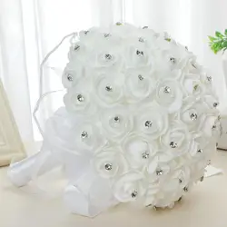White Faux Silk Diamond Flower Ribbon Bouquet Wedding Bridal Holding Rose Bouquet Fake Flower for Wedding Decoration Flowers