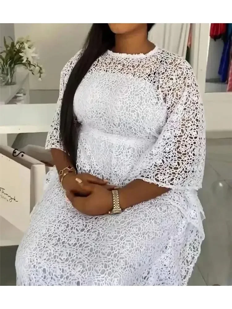 

Africa Clothing African Wedding Party Dresses for Women Spring Summer Elegant 3/4 Sleeve White Lace Plus Size Maxi Dress Gowns