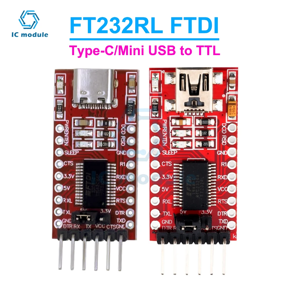 Mini USB para TTL Serial Converter Módulo Adaptador, Breakout Board para Arduino, FT232RL, FTDI, Tipo-C, 3.3V, 5.5V