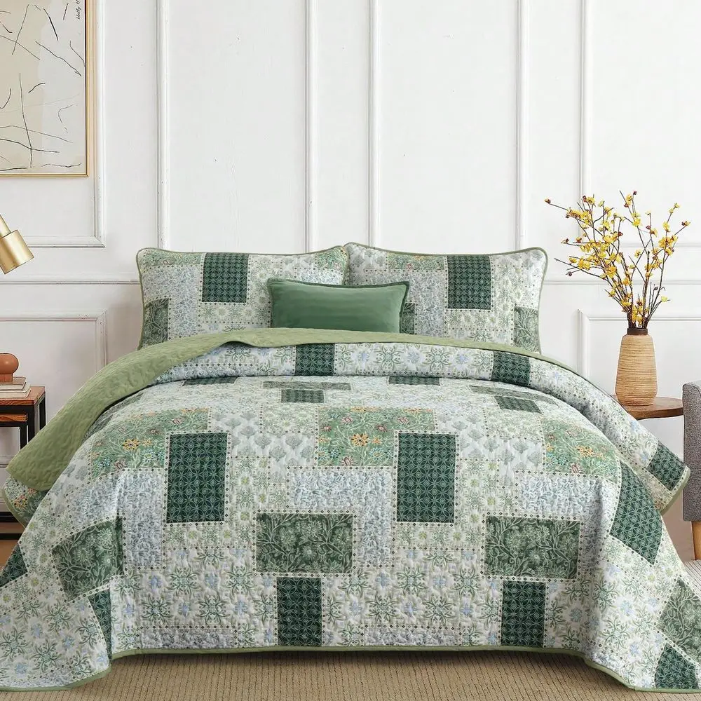 

Draelibor 3 Pieces Floral Plaid Patchwork Quilt Set Full Queen King Size, Reversible Green Bedding Set Soft Microfiber Lightweig