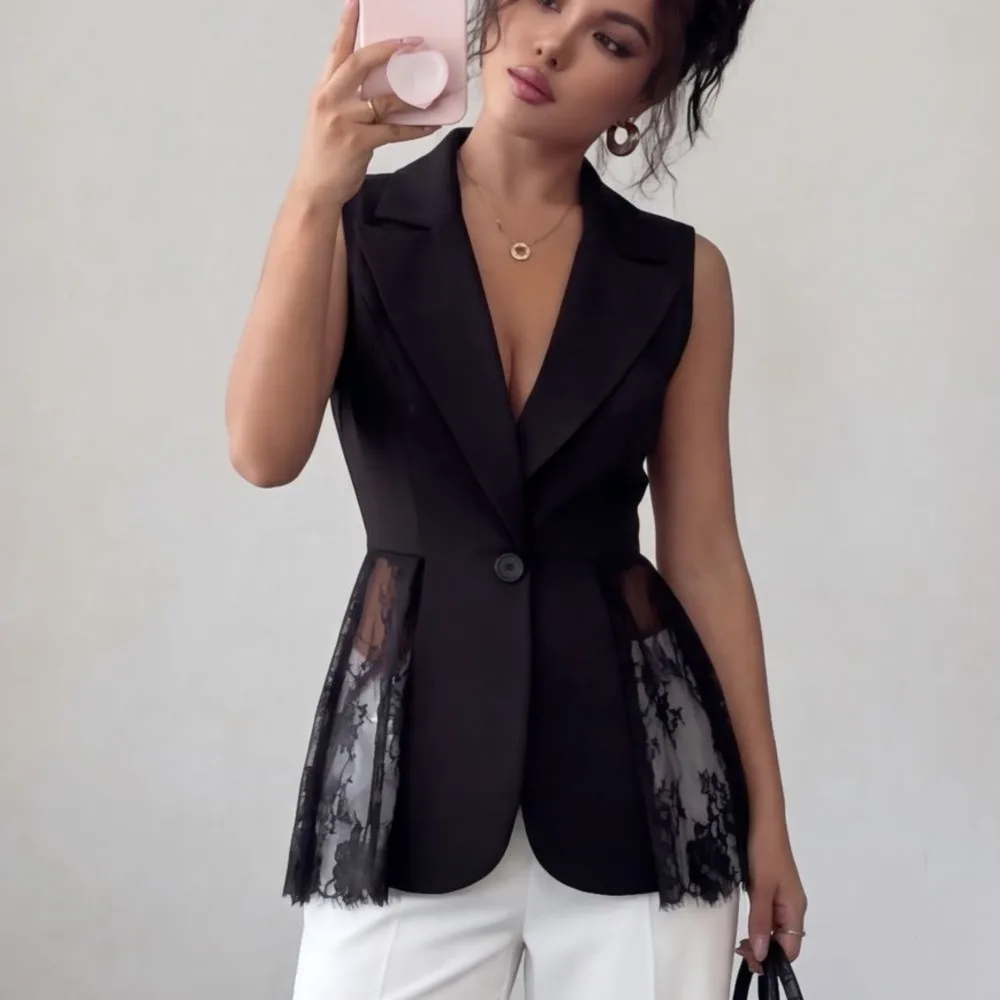 New Lace-patchwork Sleeveless Suit Jacket Waistcoat Slim-fit A-line Coat Blazer Mujer Ropa Dama Roupas Roupas Femininas