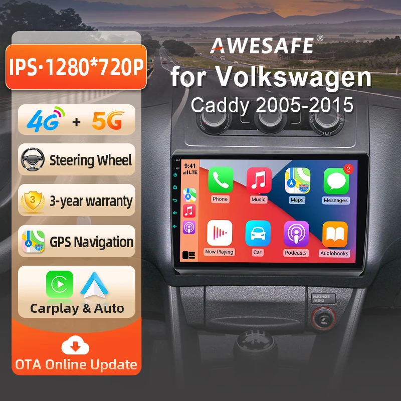 AWESAFE Radio Android 10 pouces pour VW Volkswagen Caddy 2005-2015, CarPlay et Android Auto sans fil, navigation GPS, support multimédia, commande au volant, amplificateur de subwoofer, caméra arrière, prise EU, Plug and Play, autoradio numérique DAB+, autoradio 2 DIN, stéréo RDS DSP FM
