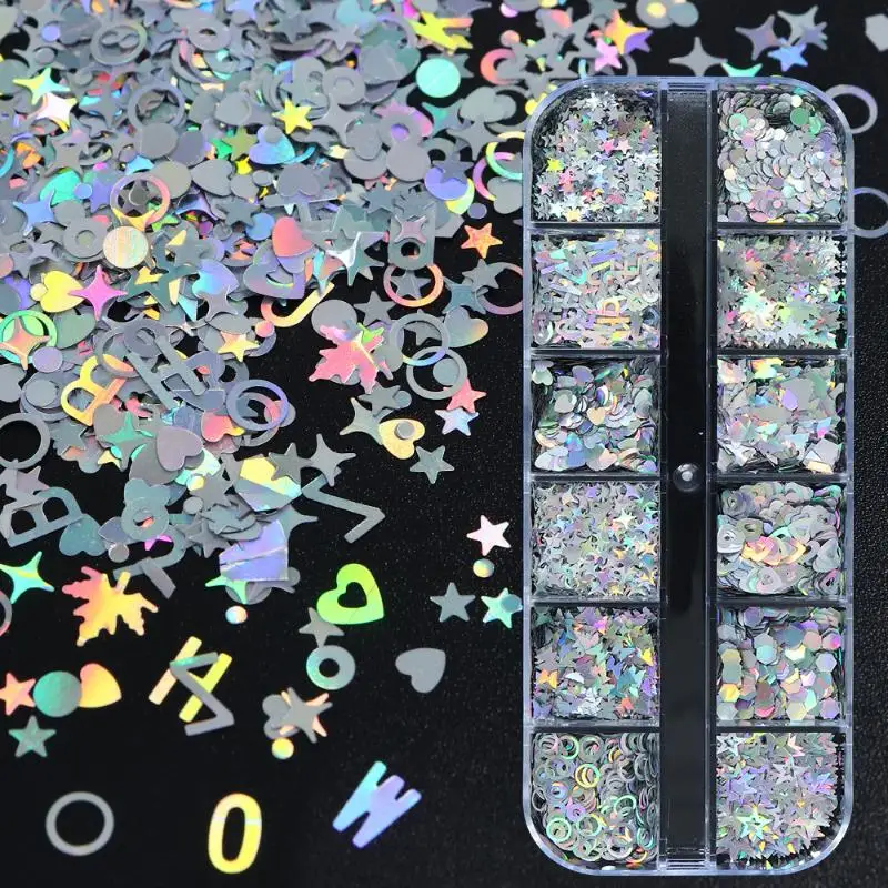 12 rejillas para mejorar las uñas, estrellas plateadas, patrones de amor, brillo láser para uñas, decoración de uñas, abalorio para uñas, herramientas de manicura DIY