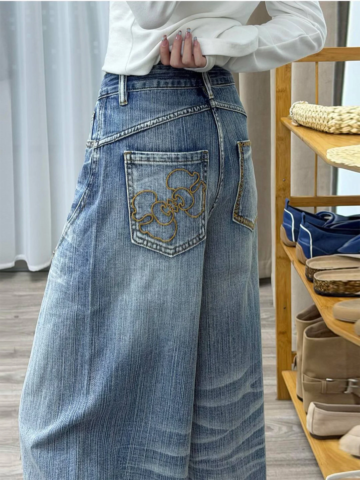 

American Style Small Size Pocket Embroidery Micro Flared Jeans Women's Summer New Loose Straight Wide Leg Pants