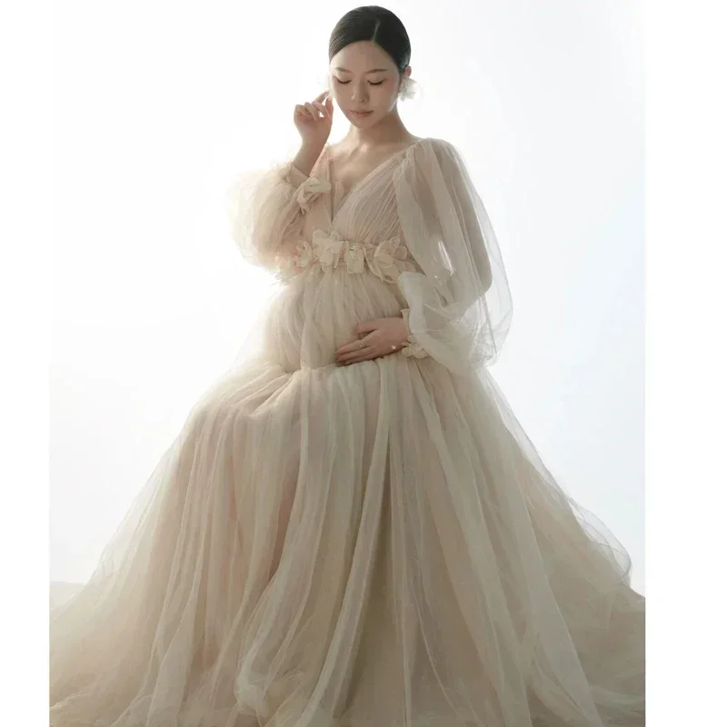 Pregnant Women's Photography Dresses Champagne Mesh High End Maternity Dress One Line Neck Long Sleeve Elegant Pregnancy Dress