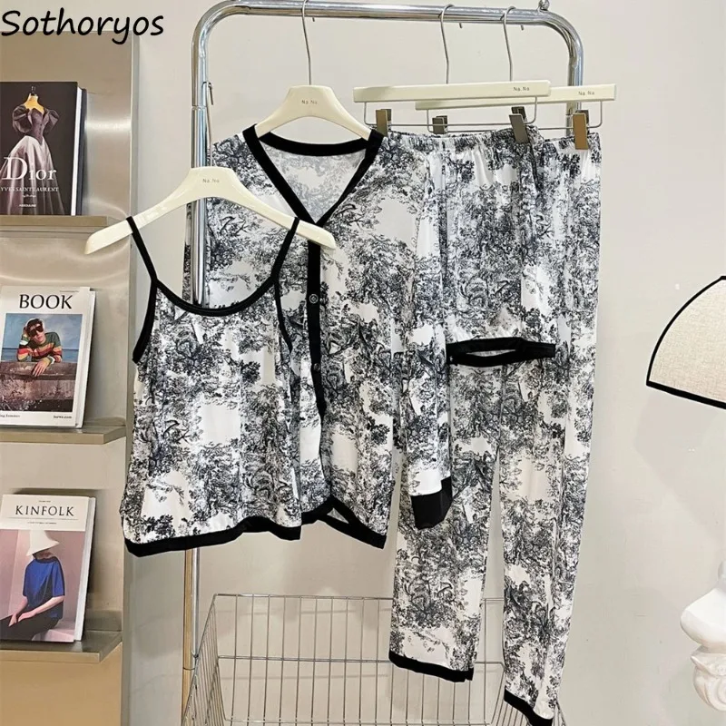 4 Pcs Pajama Sets Women Ink Painting Fashion Elegant Chinese Style All-match Breathable Soft Literary Summer Pijamas De Mujer