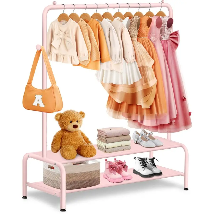 

Kids Clothing Rack Dress Up Storage Dress Up Rack for Little Girls Small Kids Costume Wardrobe with 2 Fabric Shelves Princess R