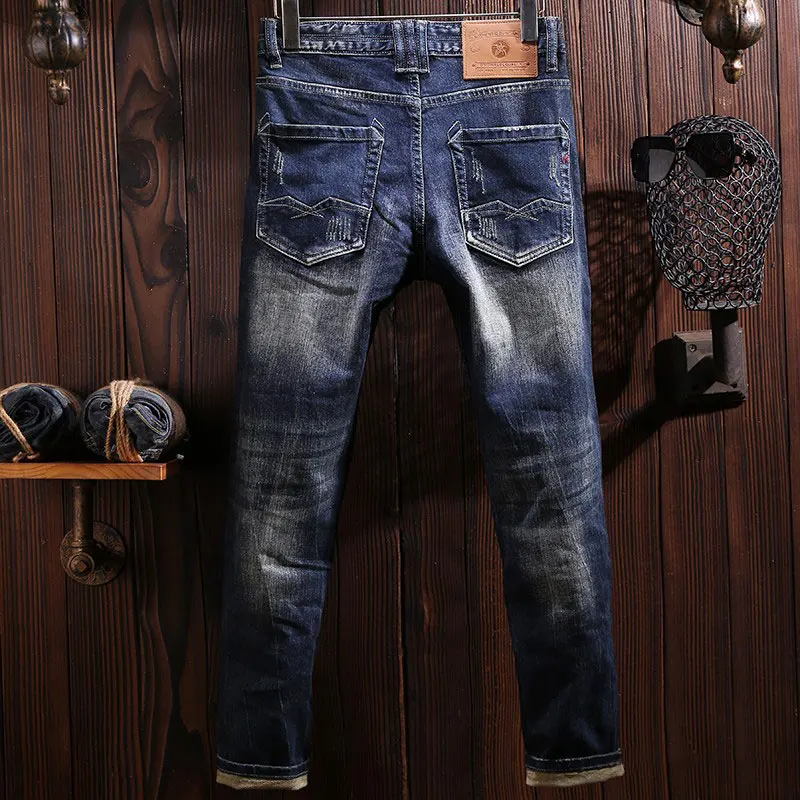 Street Fashion Men Jeans Retro Washed Blue High Quality Stretch Slim Fit Ripped Jeans Men Vintage Designer Denim Pants Hombre