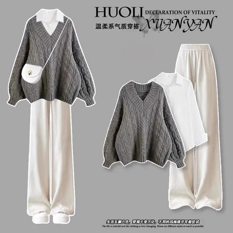 

Women's Solid Long Sleeve Wide Leg Three-piece Set Casual 3 Pieces Set V Neck Sweater T-shirt Trousers Set