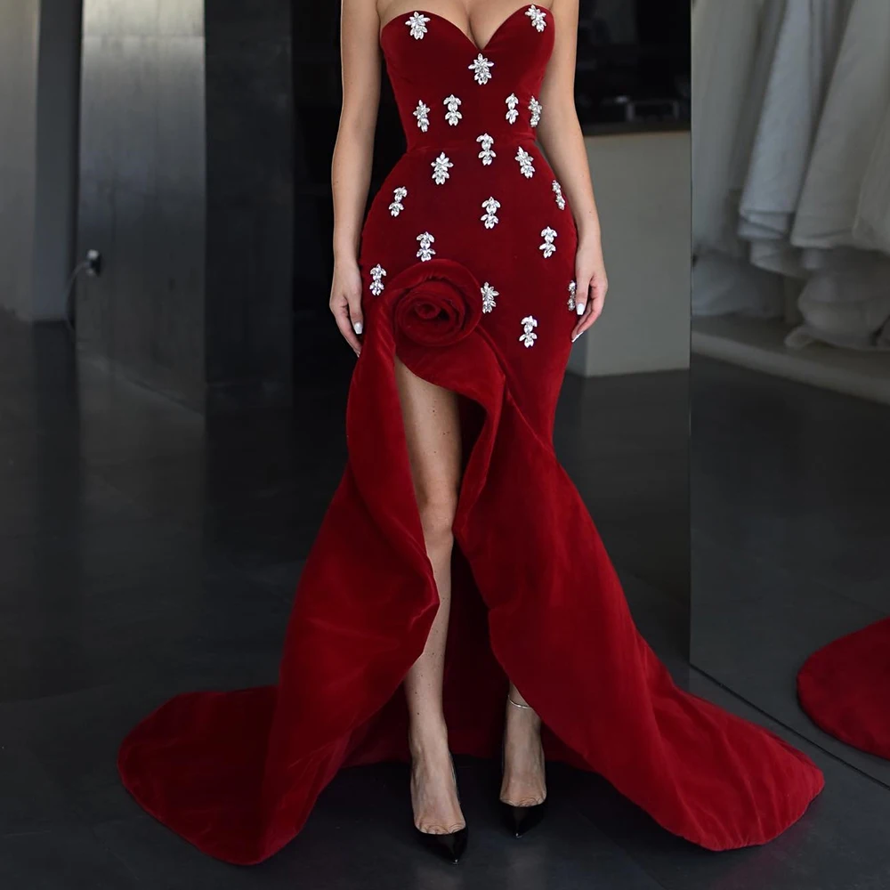 

Customized Luxury A-Line Velvet Crystal Evening Dress High Quality Floor Length Sweetheart Sleeveless vestidos de fiesta