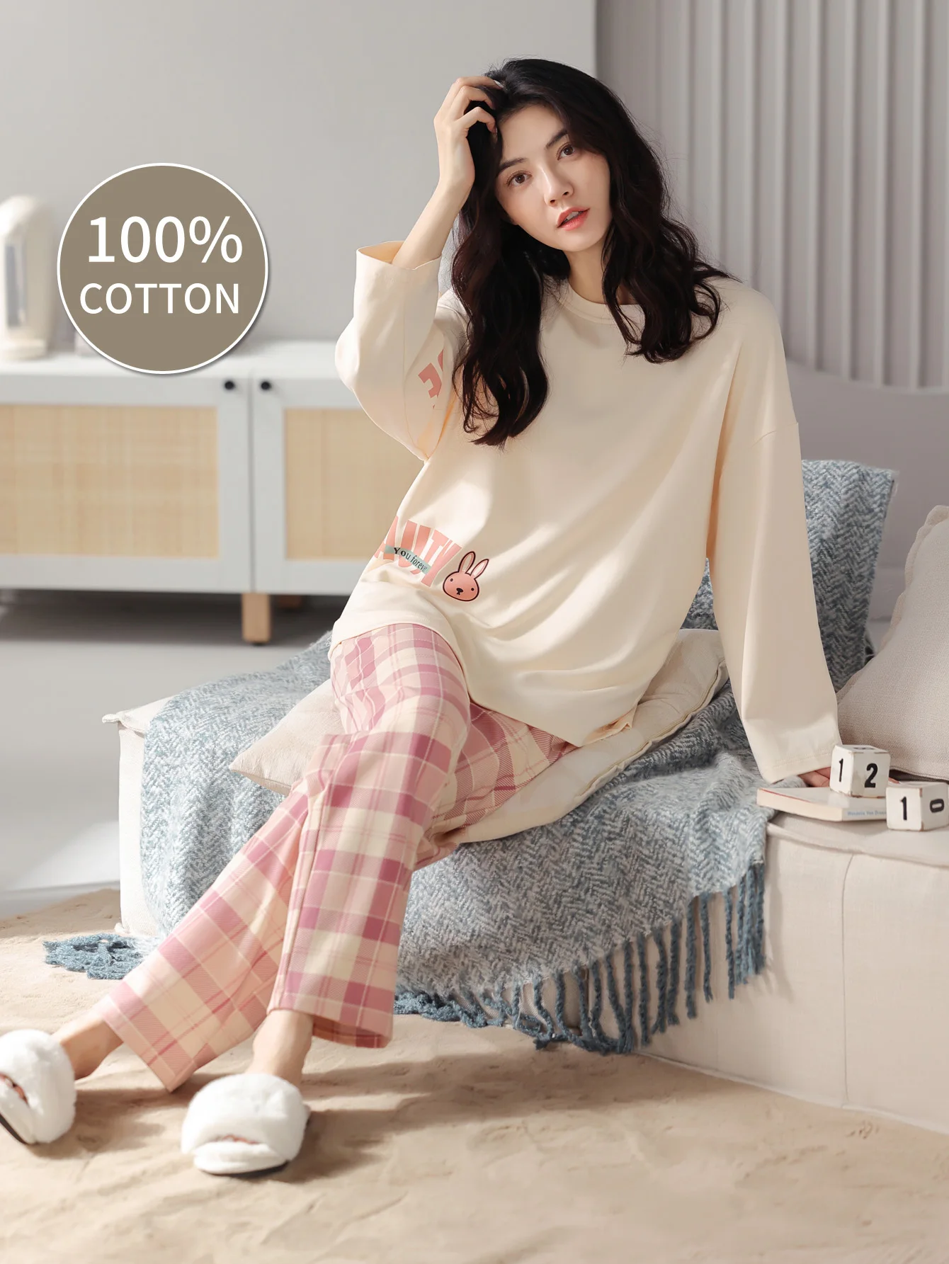 

100% Cotton Sleepwear, Women's Autumn and Winter Long-Sleeved Pants, Cute Cartoon Pure Cotton Plus Size Women's Home Suit Set