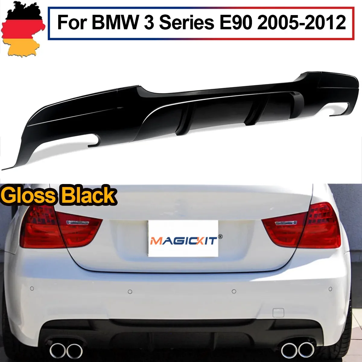 

MagicKit Rear Bumper Lip Spoiler Diffuser Shark GLOSS BLACK For BMW E90 E91 M Sport 05-12