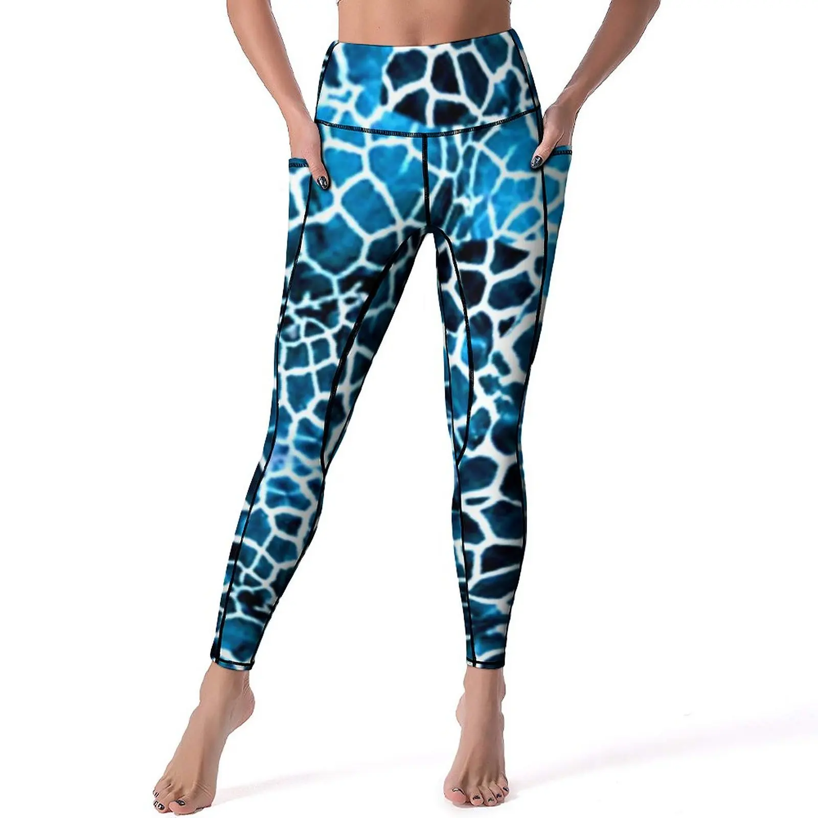 

Giraffe Print Yoga Pants Pockets Blue and White Leggings Sexy Push Up Vintage Yoga Sport Legging Stretch Pattern Gym Leggins