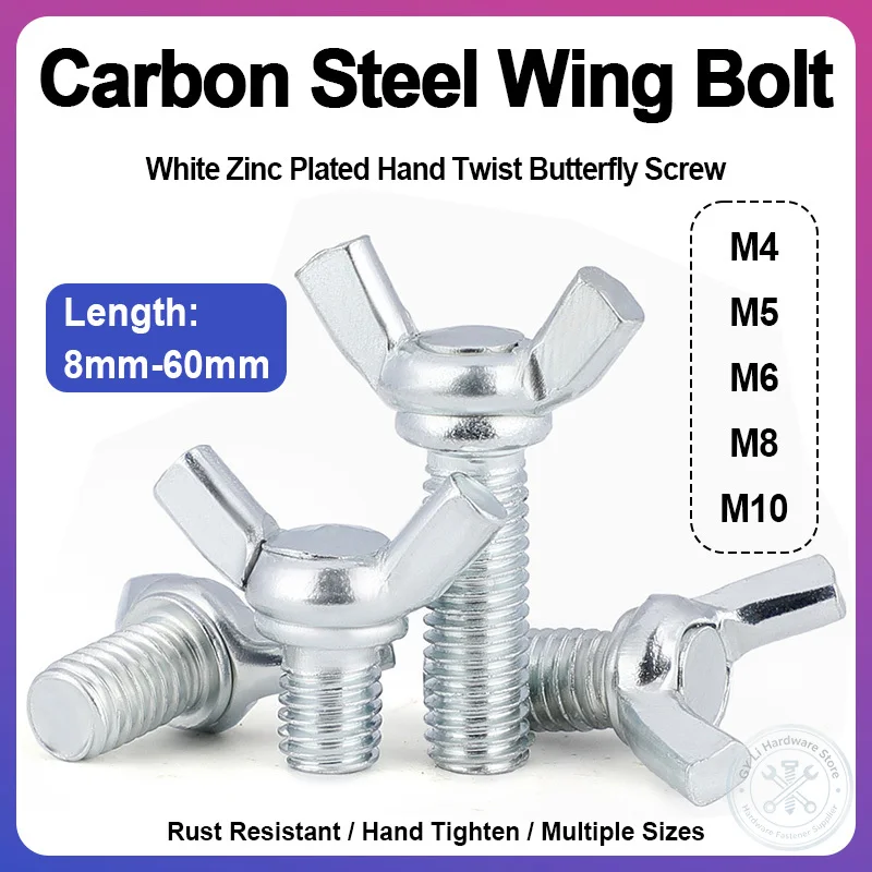 Carbon Steel White Zinc Plated Wing Bolt Hand Twist Butterfly Thumb Screw M4 M5 M6 M8 M10 Length 8‑60mm Metric Hardware Fastener