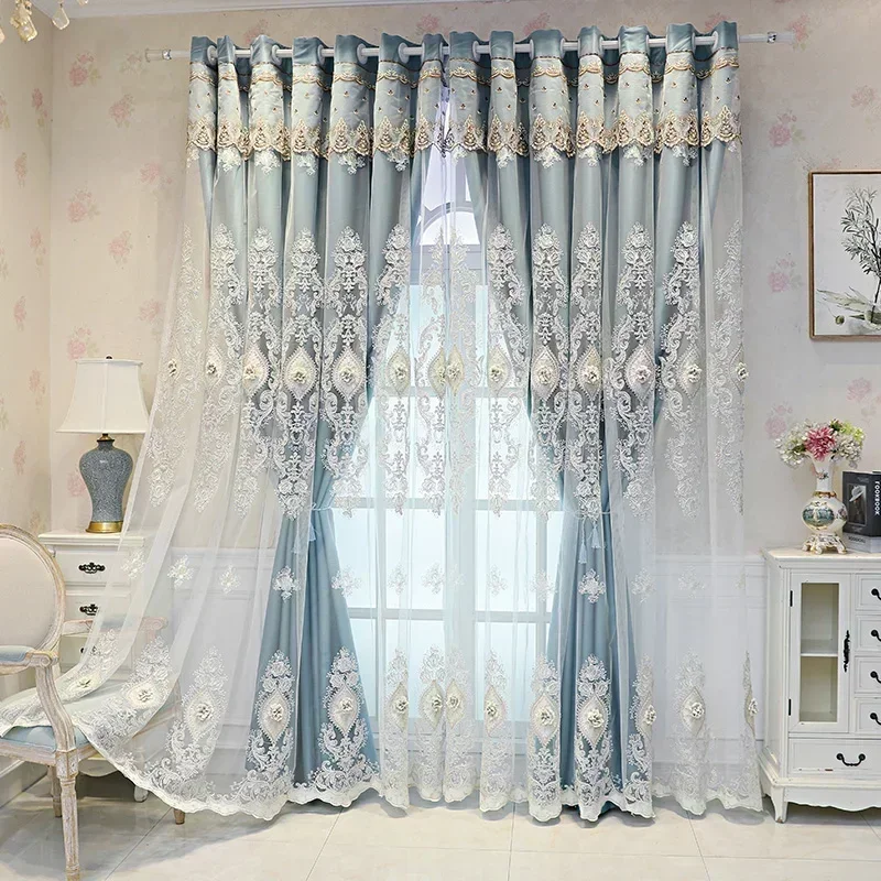 European Style Embroidered Double-Layer Curtains for Living Dining Room Bedroom Window Yarn Embossed Tulle Curtains Customize