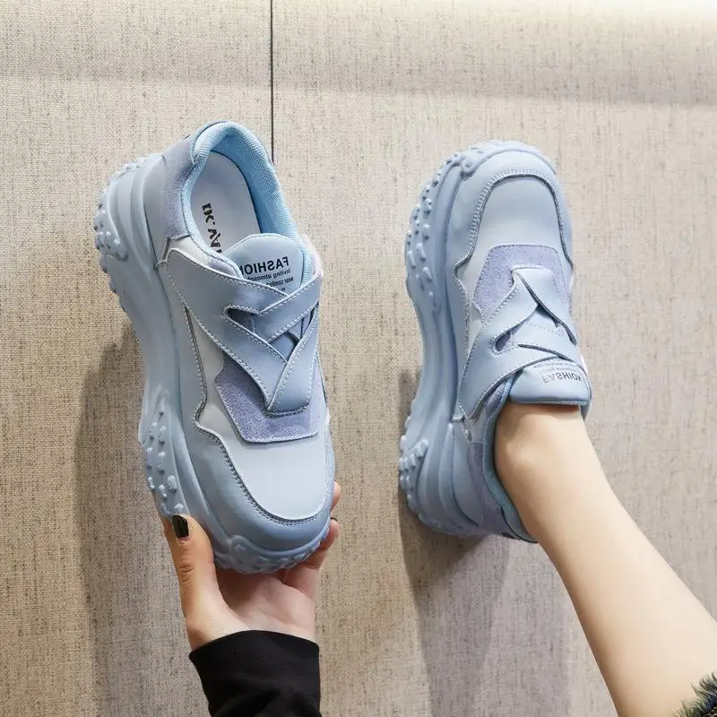 

Women's Sport Shoes Thick Bottom High Heel Genuine Leather Dad Shoes White Sneakers Internal Heightening School Style Flat Heel