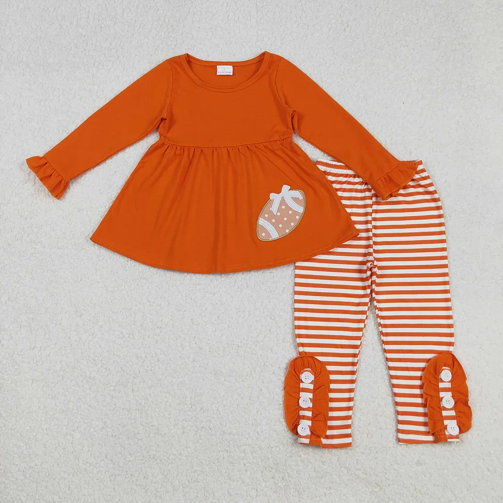 9.8 Wholesale Infant Long Sleeves Clothes Embroidery Ball Tunic Baby Girl Outfit Toddler Stripes Ruffle Pants Children Kids Set