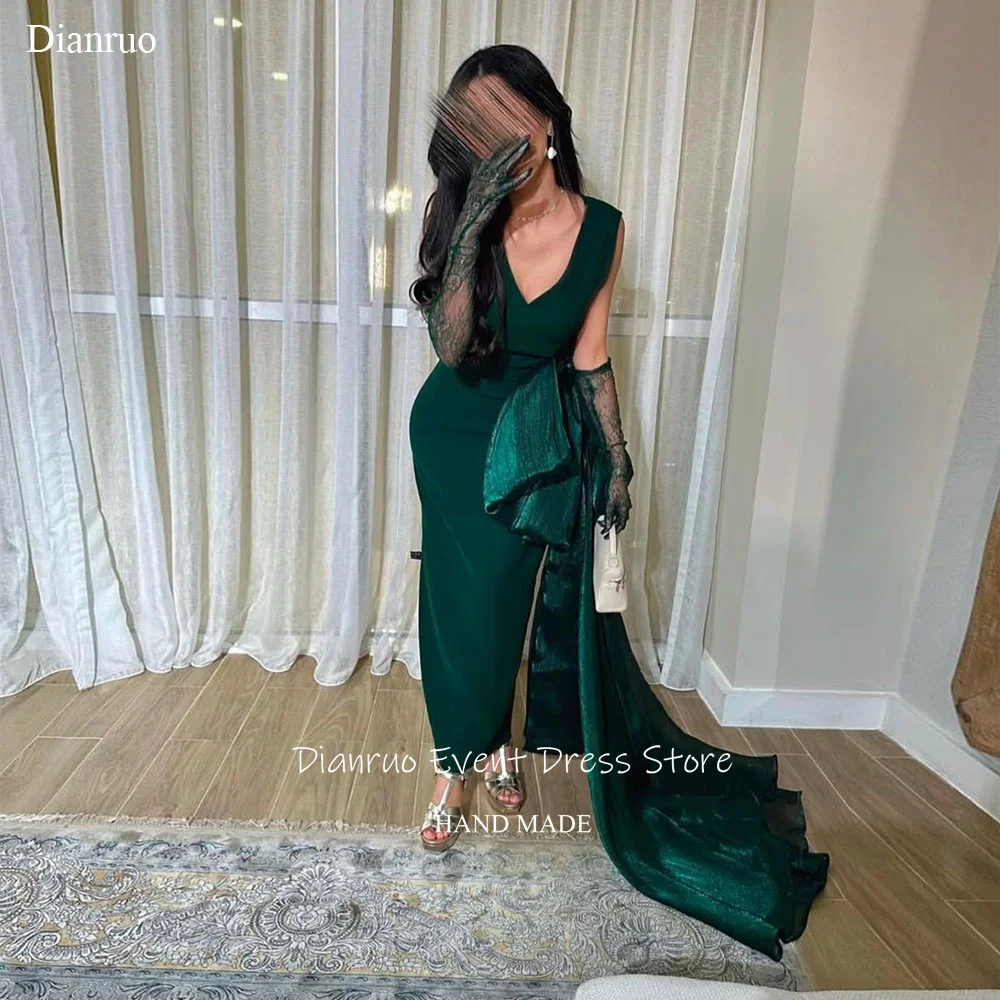 Dianruo Ärmellose V-ausschnitt Lange Abendkleider Elegante Schleife Meerjungfrau Saudi Prom Kleider Charming Satin Abendkleider Dubai Angepasst