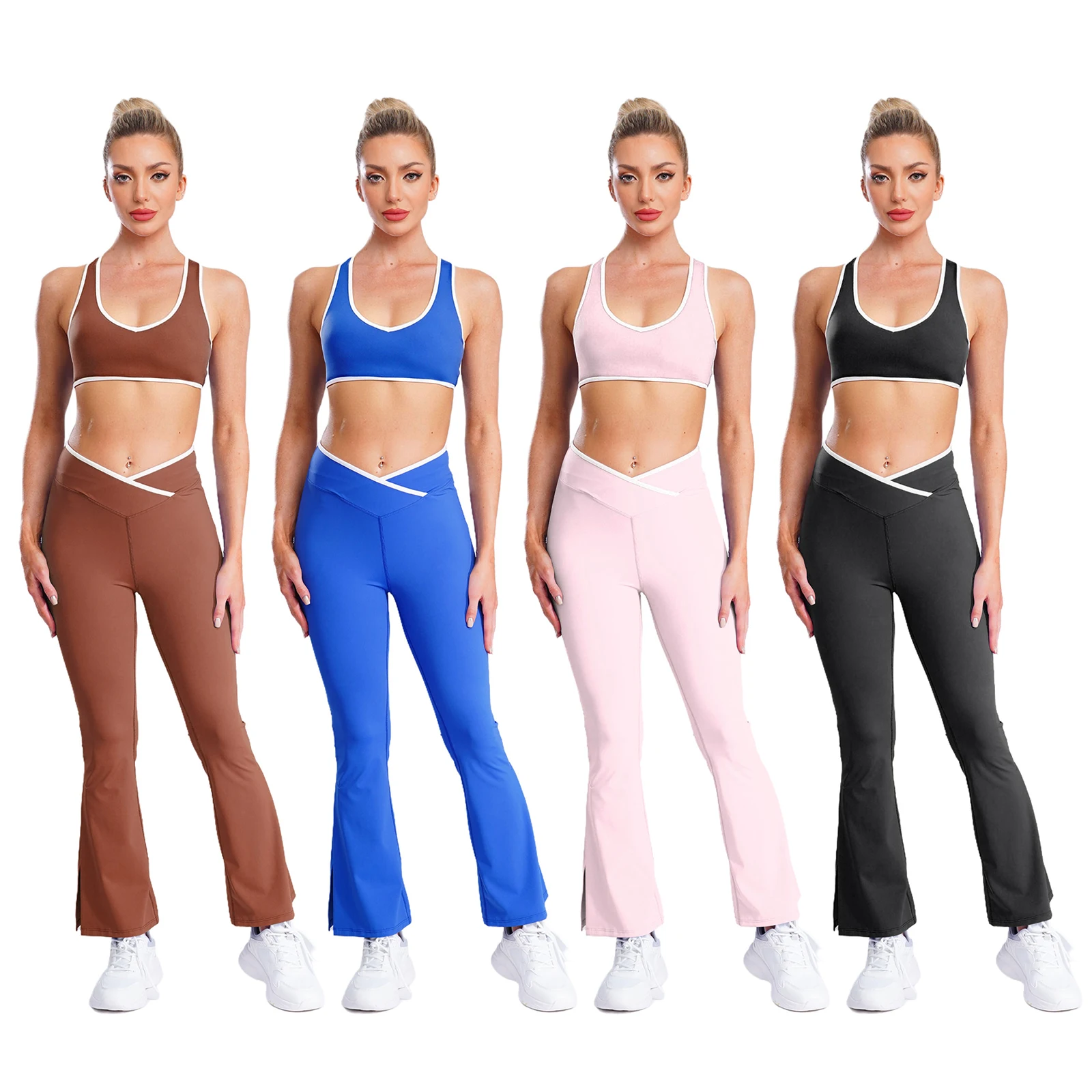 

Женская одежда для йоги, спортивный комплект, спортивный костюм без рукавов, съемные нагрудные подушечки, укороченный топ с расклешенными брюками для тренировок в тренажерном зале