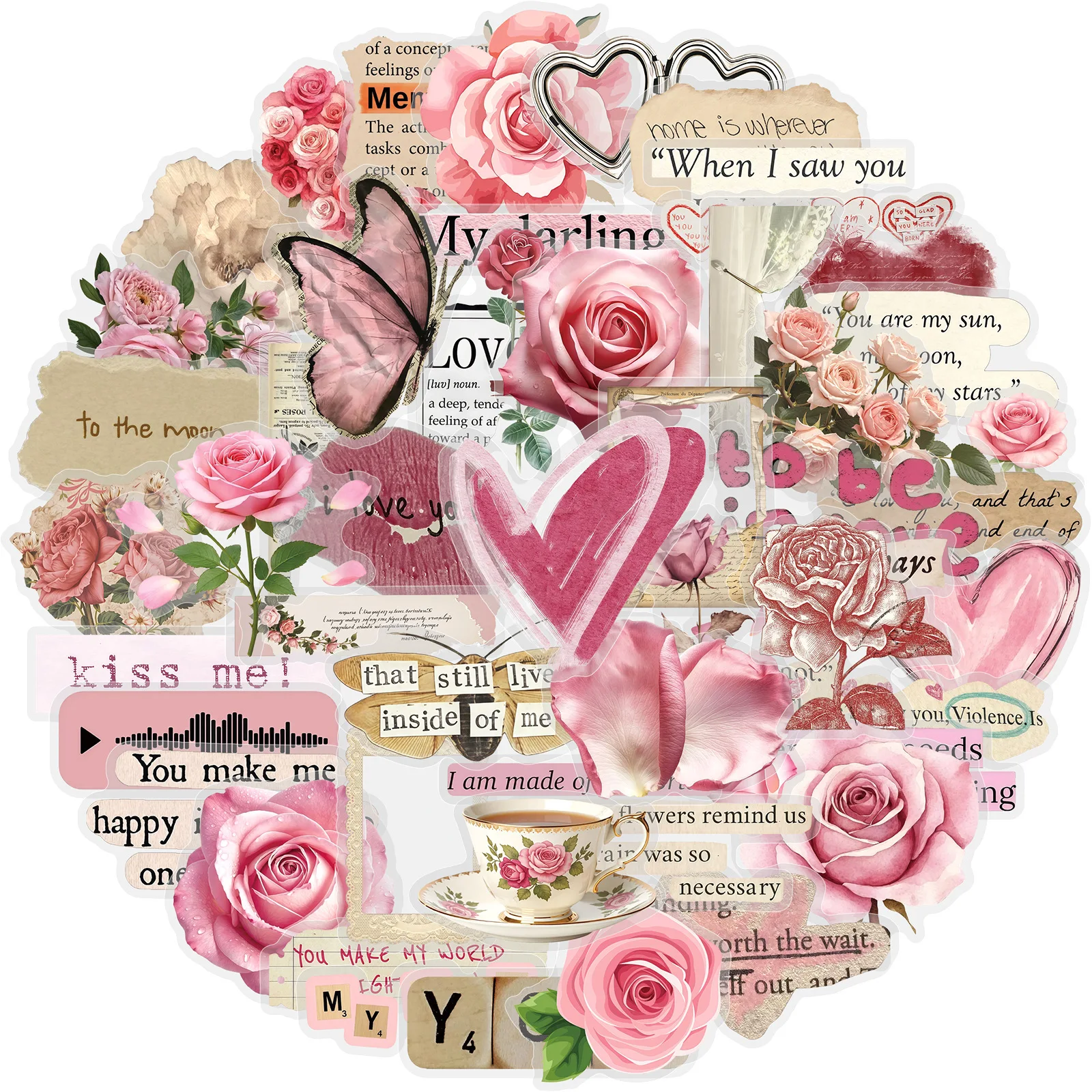 50PCS INS Style Artistic Retro Pink Rose Transparency Graffiti Stickers Love Cartoon PET Decal DIY Luggage Guitar Cup Kid Toys