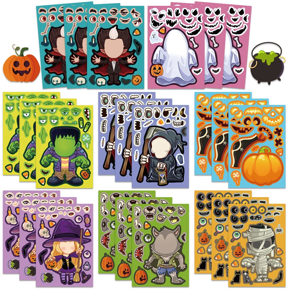 

8/16Sheets Hot Horror Halloween Vampire Make a Face Puzzle Cartoon Funny Graffiti Stickers DIY Skateboard Motorcycle Helmet