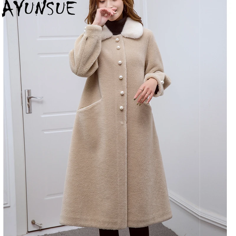 AYUNSUE-abrigo de lana de 100% para mujer, chaqueta de piel de visón con cuello de piel de oveja, ropa de invierno, piel compuesta femenina, Пitzakто Ж Jayaе