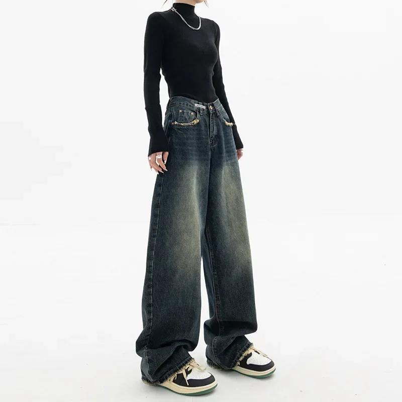 Wide Leg Jeans Women Elegant Casual Korean Fashion Style High Waist Daily Retro Washed Vintage Streeetwear Chic All-match Basic