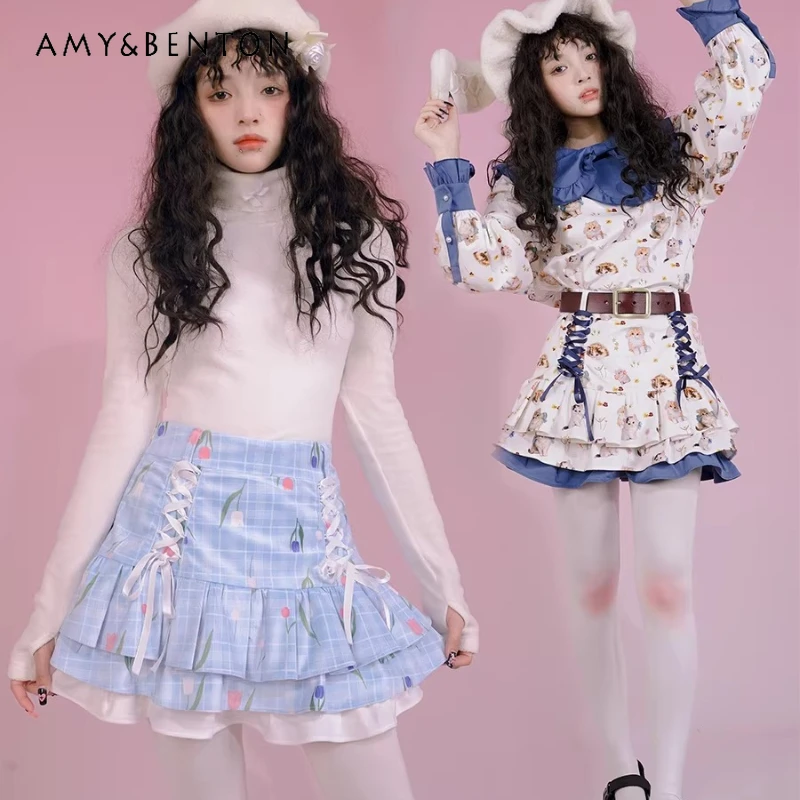 

Japanese Design Girl Style Women's Mini Skirt 2026 Spring Summer New Cute Flower Animal Print Strap Puffy Short Skirts Ladies