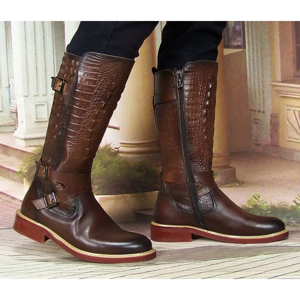 Fashion Men's Embossed Leather Guard of Honor Horse Western Equestrian Boots Knee High Buckle Strap Outdoor Knight Shoes Zip view 5
