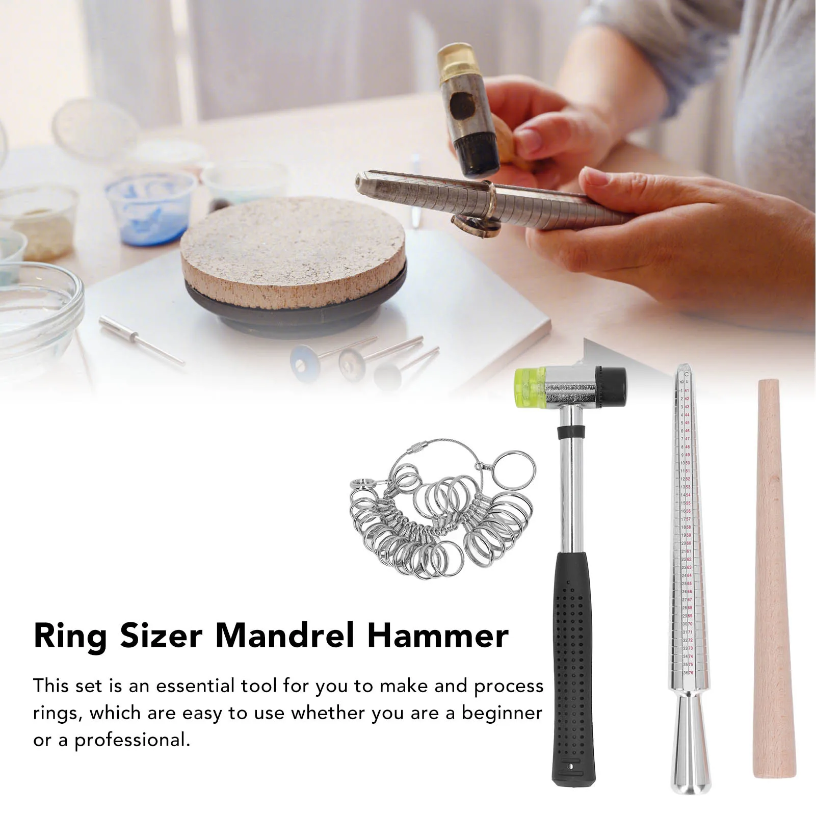 Ring Sizer Set Aluminum Finger Sizing Gauge Polishing Wood Mandrel Rubber Hammer US Size Ring Kit for Jewelry Making