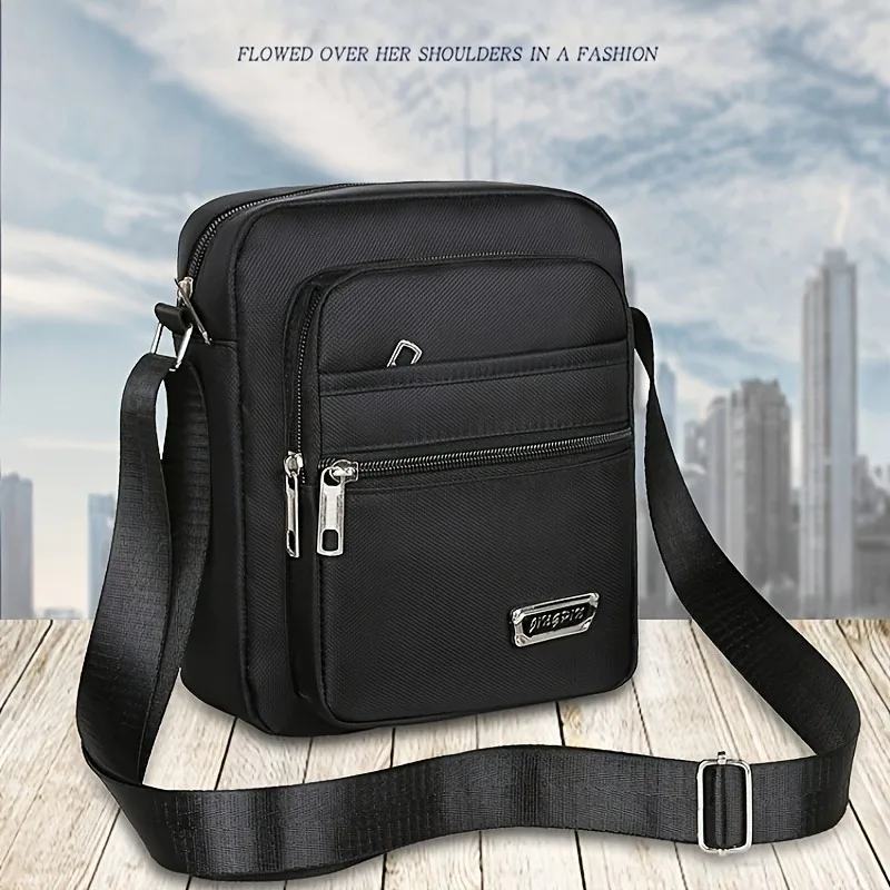 1PC Black Oxford Cloth Crossbody Bag, Unisex Large Capacity Multi Compartment Multi Shoulder Bag