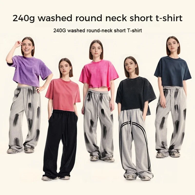 Solid Color Crew Neck Cropped T-shirt for Women Summer Exposed Navel Cotton T-shirt Woman Loose Sports Short Sleeve Tees Tops