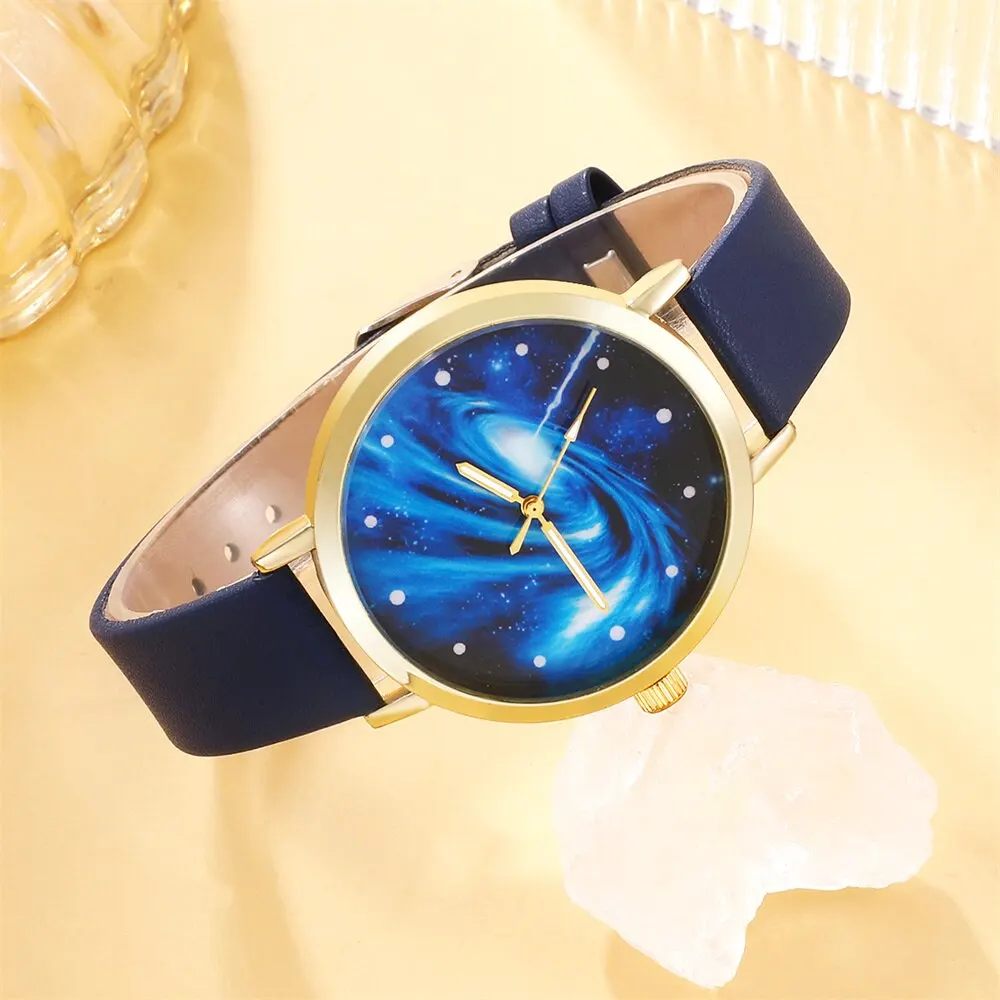 5PCS Set Women Starry Sky Dial Watch Brand Design Female Clock Blue Leather Band Ladies Watches Simple Casual Womens WristWatch