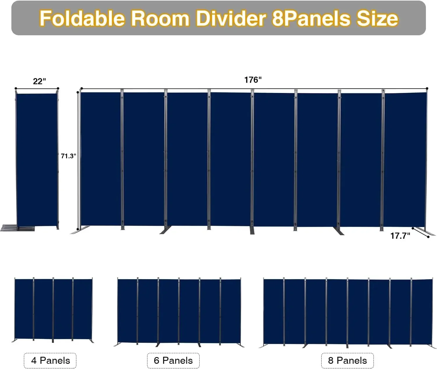 Room Divider, 8 Panel Folding Privacy Screens with Wider Feet, Navy Blue | 176