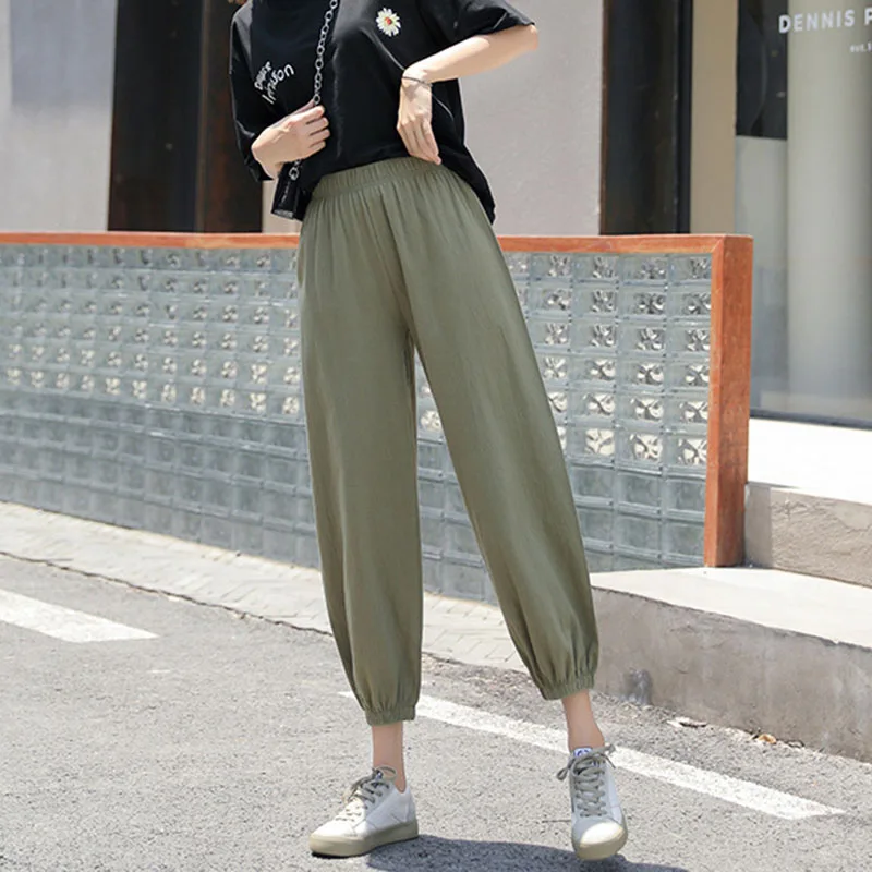 Damen Lässige Weite Bequeme Haremshose für den neuen Sommer 2026 – Elastische Taille, Strand-Leinenhose, einfarbig, vielseitig kombinierbare Laternenhose – Detail 11