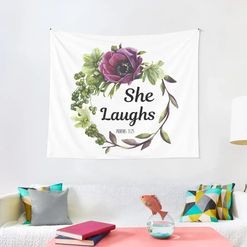 Christliches Zitat – Sie lacht – Sprichwörter 31:25 Wandteppich, Heim- und Komfortdekoration, ästhetischer Wandteppich für Heimdekoration