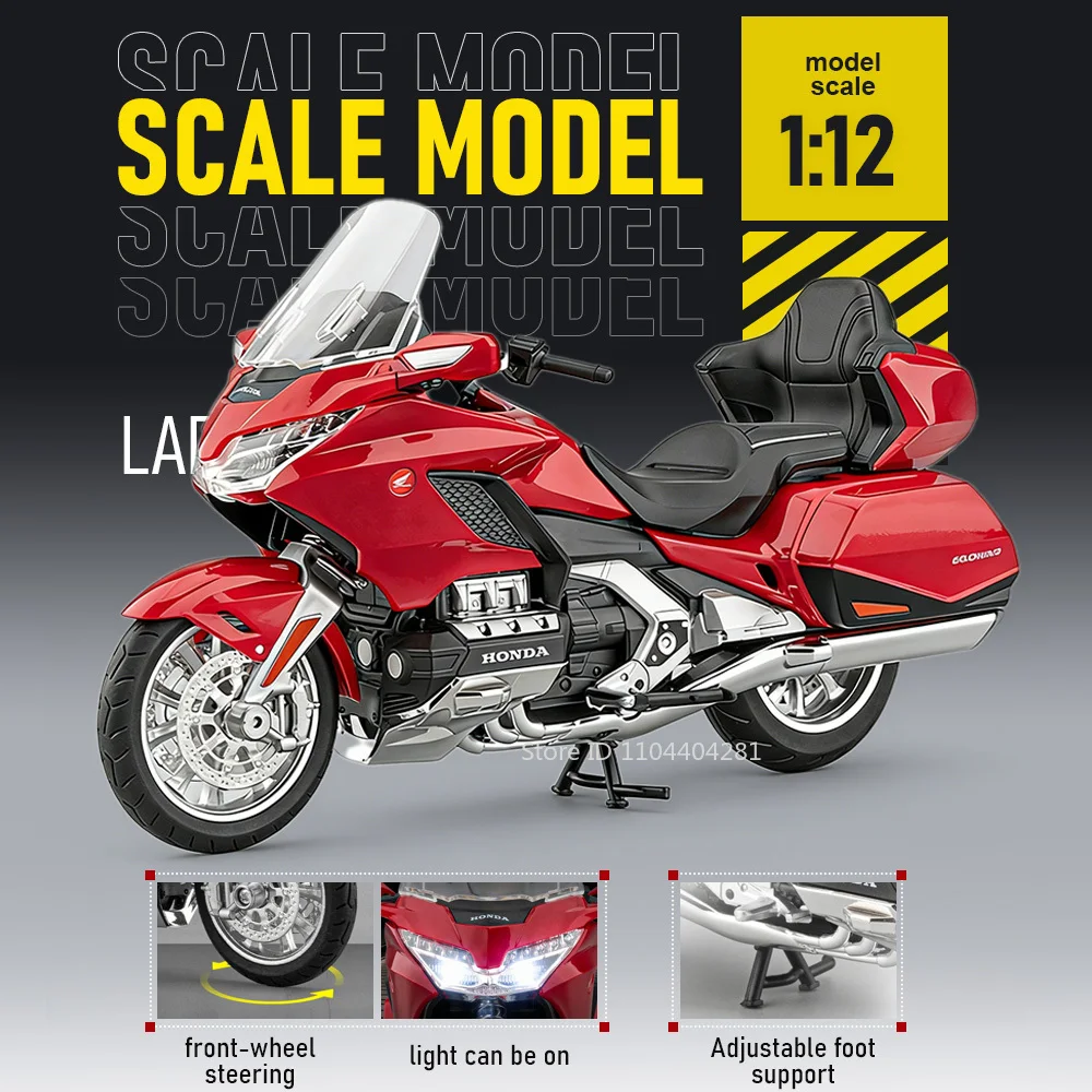 

Миниатюрная модель мотоцикла Honda GL1800 в масштабе 1:12, литая под давлением, со звуком и светом, с поворотным передним колесом, подарок на день рождения для ребенка